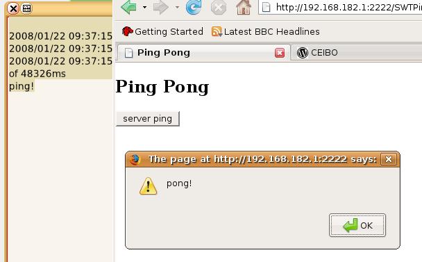 Screenshot del ping/pong funcionando